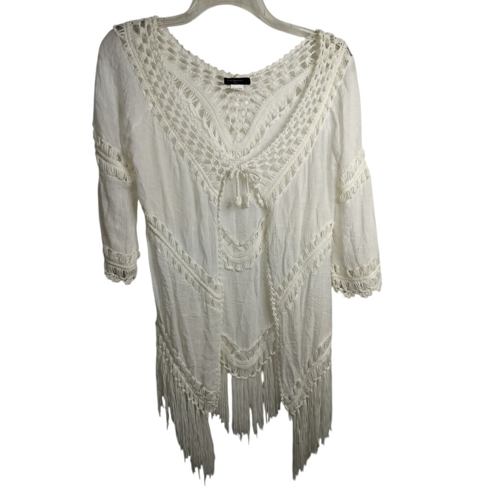 5521)Vivid Importers White M Crocheted Fringe Festival Tie Front Boho Swim Cover